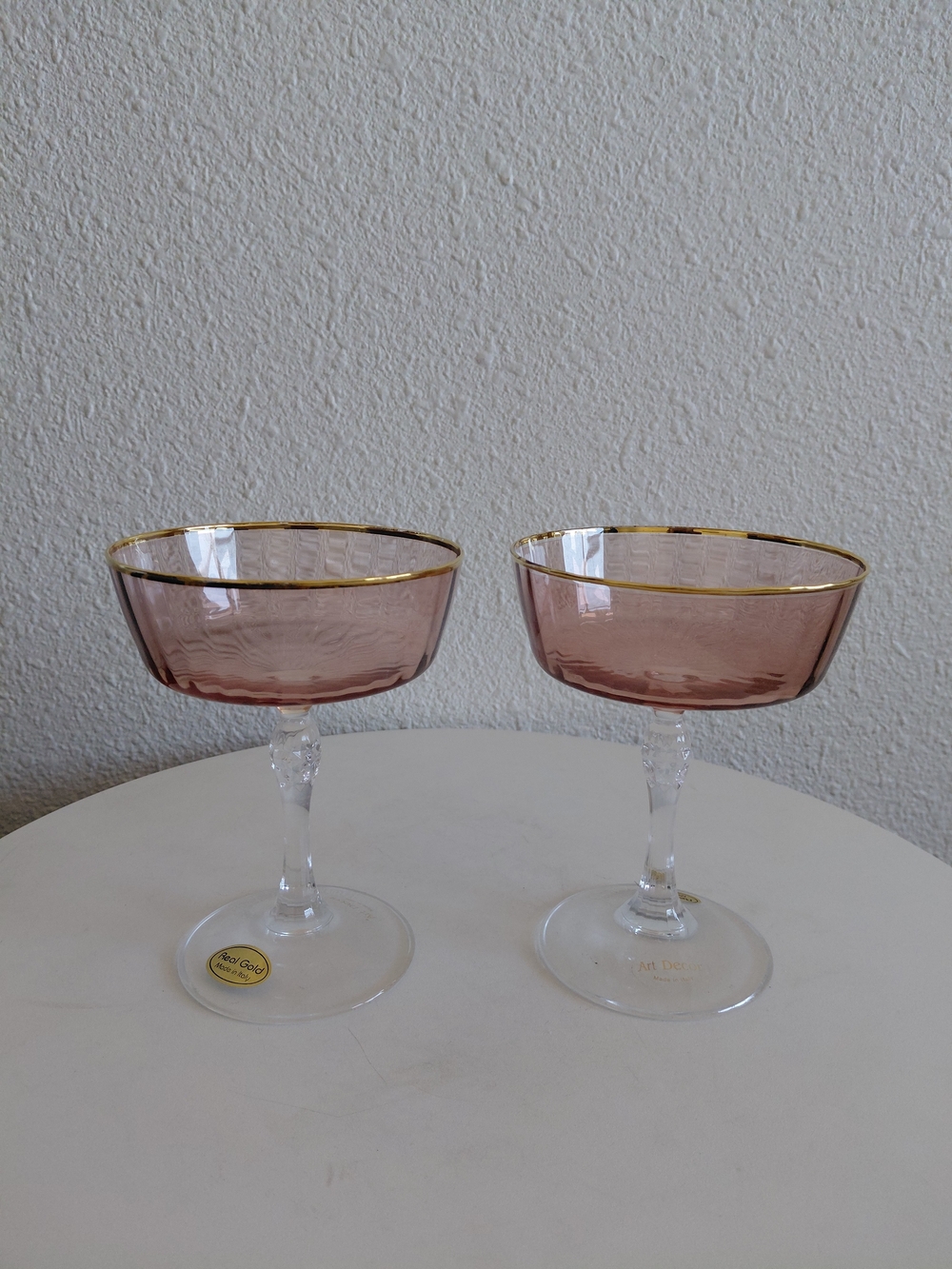 Vintage Pink Glass Coupe with Gold Rim - Set of 2